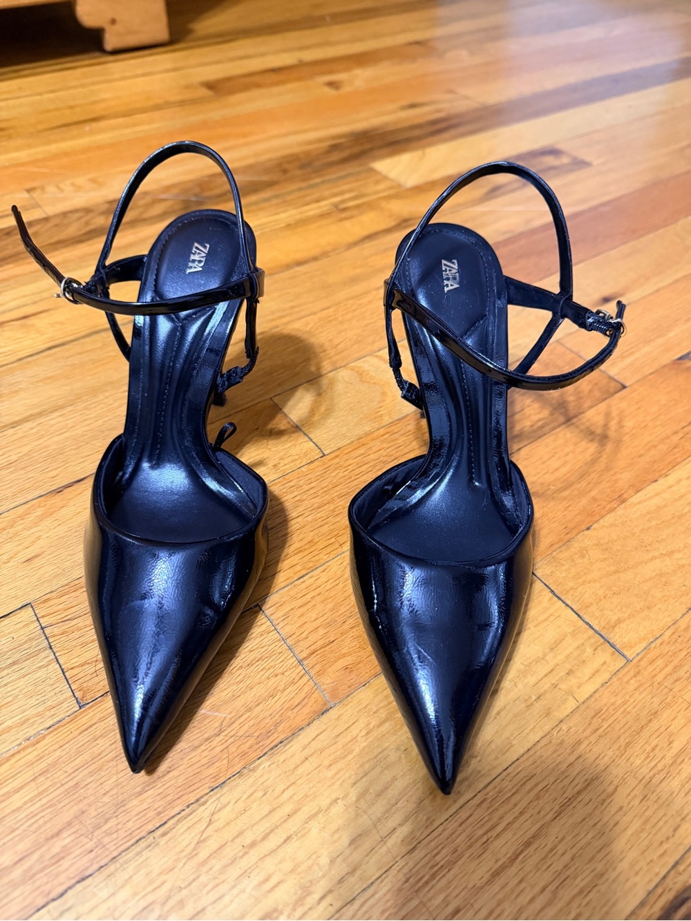 Zara Black Patent Pointed Ankle-Strap Heels